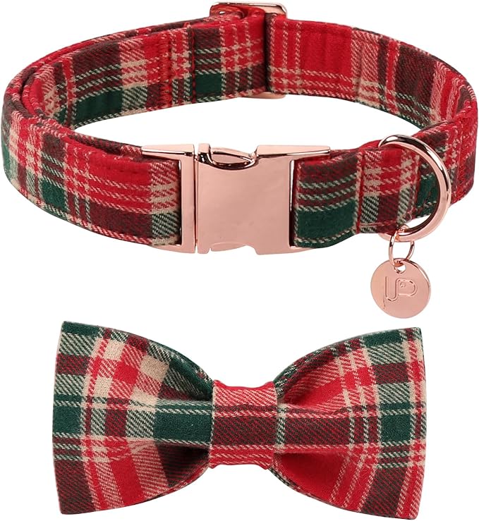 Christmas Plaid Dog Collar with Bow Tie– Adjustable Red & Green Checkered Dog Collar for Small Medium Large Dogs, Soft Xmas Plaid Puppy Collars with Quick Release Buckle S