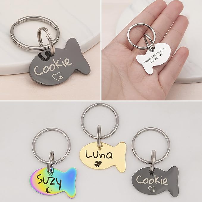 Anavia Small Size Dog Cat ID Tags, Small/XS Personalized Color Plated Stainless Steel Puppy Kitten Name Tags, Customized Engraved Nameplate Pet Collar Tag (Silver, Fish)