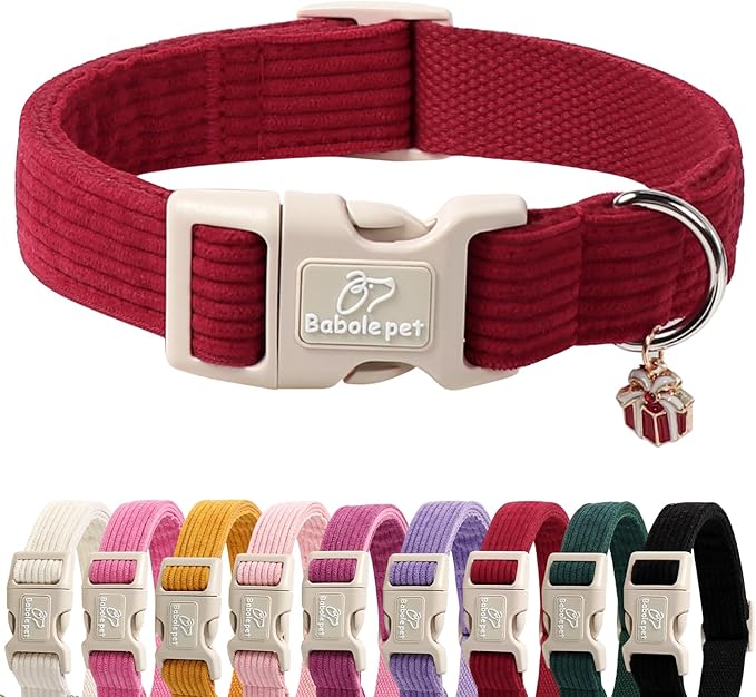 Cute Corduroy Dog Collar - Burgundy Adjustable Dog Collars for Medium Dogs 25-50lbs, Fade-Proof with Secure Snap & Little Charm, Christmas Birthday Gift, M