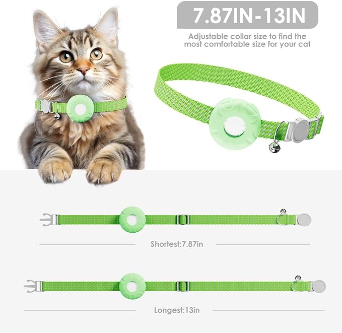 Cat Tracker, GPS Tracker Compatible with Apple Find My App(Only iOS), Waterproof Cat Tracker Collar with Bell and Safety Elastic Buckle, No Monthly Fee Pet Trackers, Works with Any Collar,Green