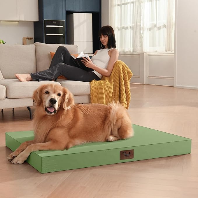 Outdoor Extra Large Dog Bed, Jumbo Waterproof Dog Bed for Large Dogs, Orthopedic Egg Crate Foam Pet Mat with Removable Oxford Cooling Cover, Light Green