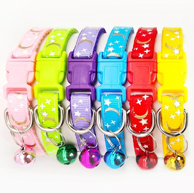 Reflective Cat Collars Breakaway with Bell Moons Stars 2 Pack Girl Boy Pet Kitten Collar Adjustable 7.5-12.5 Inch (Purple)