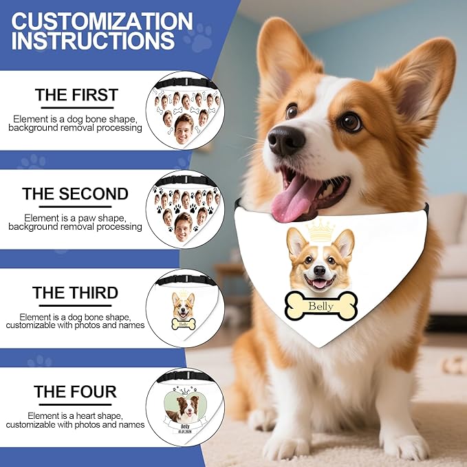 Funny Personalized Dog Bandana Custom Face Design, Custom Dog Bandana with Name, Pet Scarf for Small Medium Large Dogs Personalized Pet Accessories (Funny Style, Small)