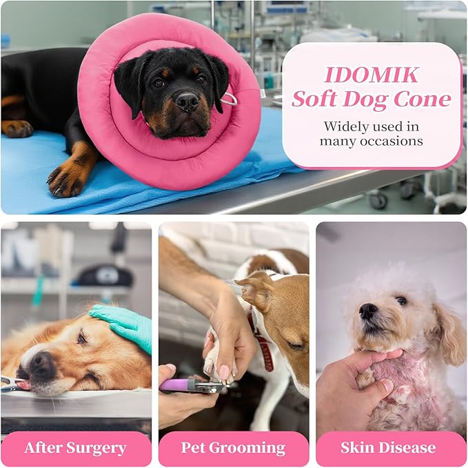 IDOMIK Dog Recovery Collar, Waterproof Soft Dog Cone After Surgery, Comfy Protective Elizabethan Collar Alternative for Dogs Cats, Adjustable Pet Neck Donut Cone Anti-Licking Biting Wounds,Rose,M