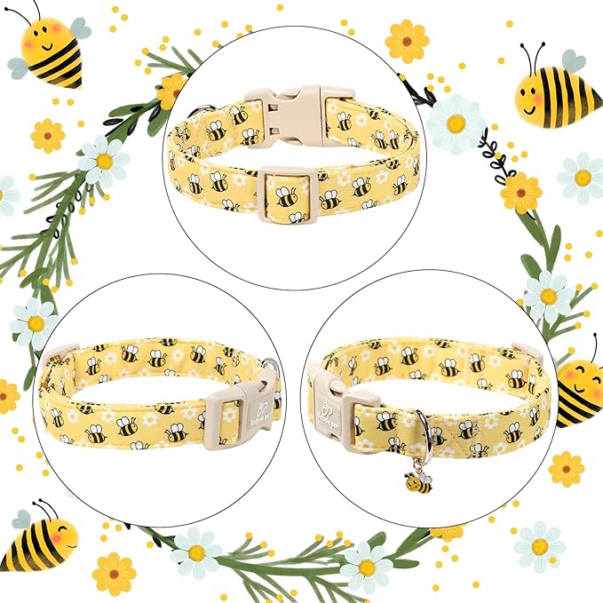 Bee & Daisy Dog Collar for Puppy Small Dogs - Spring/Summer Cartoon Yellow Dog Collars, Lightweight Adjustable Male Female Dogs Collars with Quick Release Buckle XS