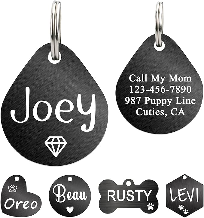 Ultra Joys Dog ID Tag, Custom Dog Tag Personalized Cat Tag, Pet ID Tag, Brushed Stainless Steel Teardrop Dog Tag Black Large