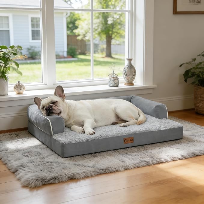 Orthopedic Dog Beds for Large Sized Dogs, Waterproof Egg Crate Foam Large Dog Couch Beds with Comfy Bolster 36x27Inch, Washable Pet Beds with Removable Cover and Nonskid Bottom, Grey