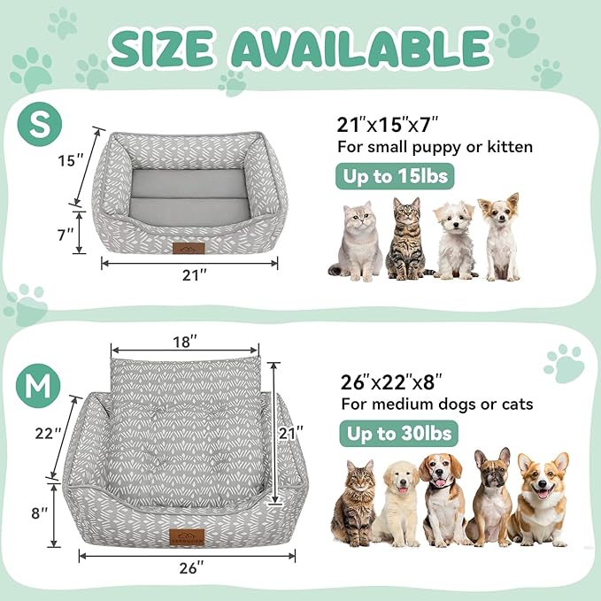 Rectangle Cat Dog Bed for Large Medium Small Pets Indoor Outdoor Machine Washable Sleeping Sofa Non-Slip Bottom Soft Puppy Bed Durable Orthopedic Calming Pet Cuddler (Medium, Grey Pattern)