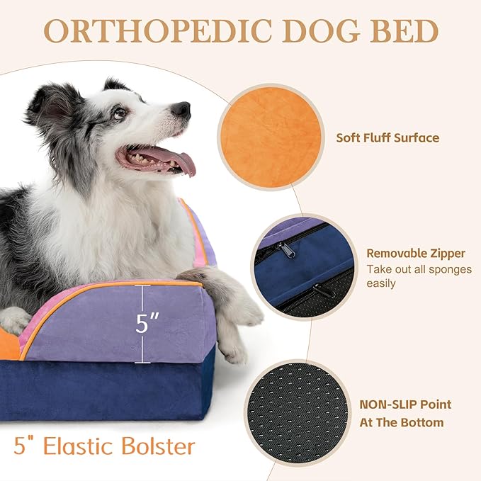 Comfort Expression Orthopedic Dog Bed for Large Dogs 36x27 Inch, Waterproof Egg Crate Foam Large Pet Bed with Removable Bolsters, Dog Couch with Washable Cover & Non-Slip Bottom, Orange Breeze