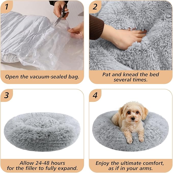 JOLLYVOGUE Calming Dog Bed Medium Size Dog, Anti-Anxiety Donut Medium Pet Bed, 27 inches Fluffy Faux Fur Round Cat Bed (Smoke Grey)