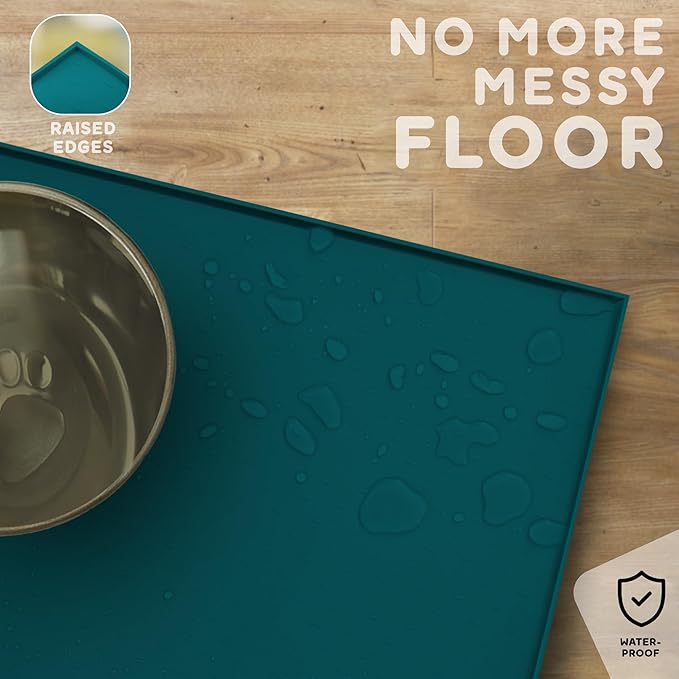 Dog Food Mat - 24x15 Raised Edges Dogs Mat for Food and Water Prevent Spill, Waterproof Cat Food Mats Protect Floors, Easy Clean Dog Bowl Mats for Food and Water, Silicone Pet Feeding Placemats