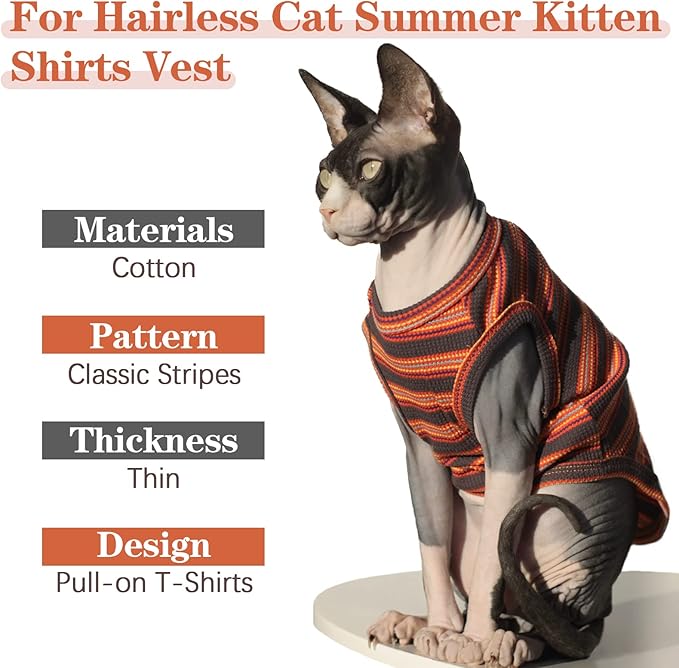 BRKURLEG Sphynx Hairless Cats Shirt Puppy Clothes Soft Cotton T-Shirts Cute Cats Pajamas Cat Stripes Vest Pet Sweater, Round Collar Vest Kitten Shirts(Red Stripes, M)