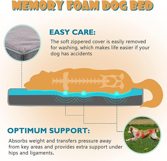 Cooling Dog Beds for Large Dogs, Washable Orthopedic Dog Bed for Crate with Joint Relief Memory Foam, Waterproof Liner and Plush Cover (36’’x 27’’)