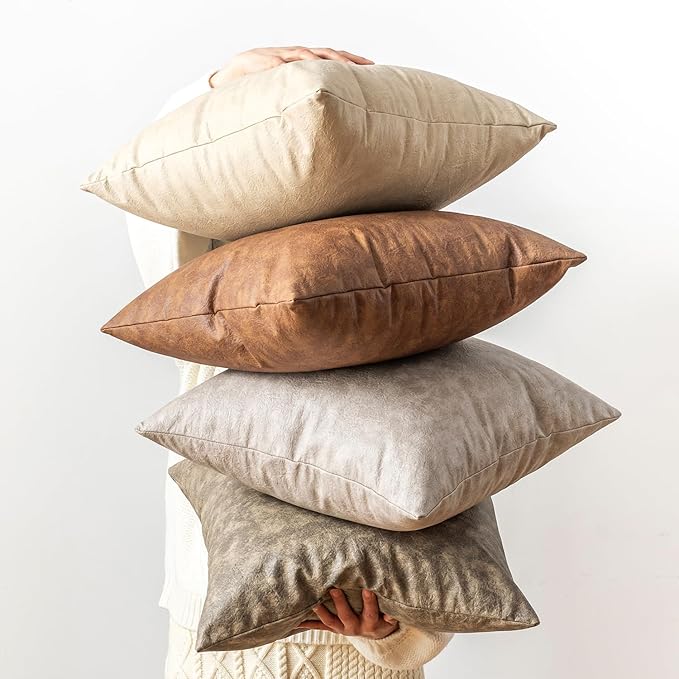 Leather Throw Pillow Covers Pack of 2 Brown, Modern Boho Thickened Floor Decorative Pillow Covers, for Home Decor Outdoor Waterproof Pet Hair Resistant Abrasion Cushion Cover 20x20 inch.