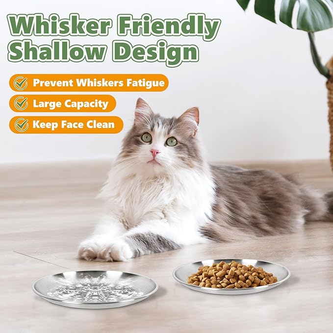 8-Pack Stainless Steel Cat Food Bowls, Shallow Whisker-Friendly Non-Slip Silicone Base Metal Dishes, Easy to Clean Indoor Feeding Flat Plates for Cat, Kitten, Small Dog (6.7")