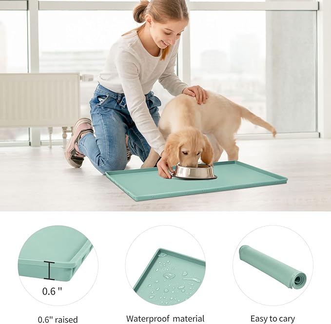 Dog Food Mat,Silicone Waterproof Food Tray,Non Slip Pet Bowl Mats Placemat,0.6" Raised Edge,Suitable for Most Small and Medium Sized Pets,18.5" x 11.5"