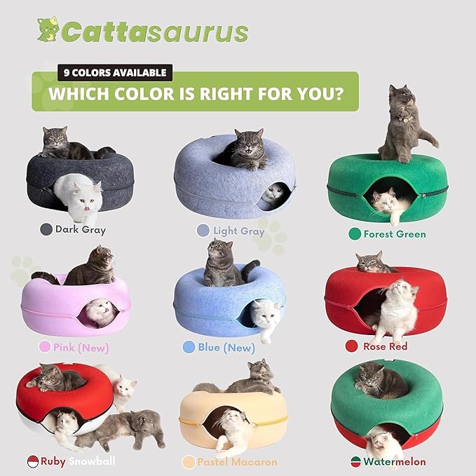 Cattasaurus Peekaboo Cat Cave Donut for Multiple & Large Cats up to 30-45 lbs, 3-in-1 Self Warming Cat Bed, Tunnel & Scratcher for Indoor Cats, Washable & Detachable Small Dog Bed (Light Gray, Large)