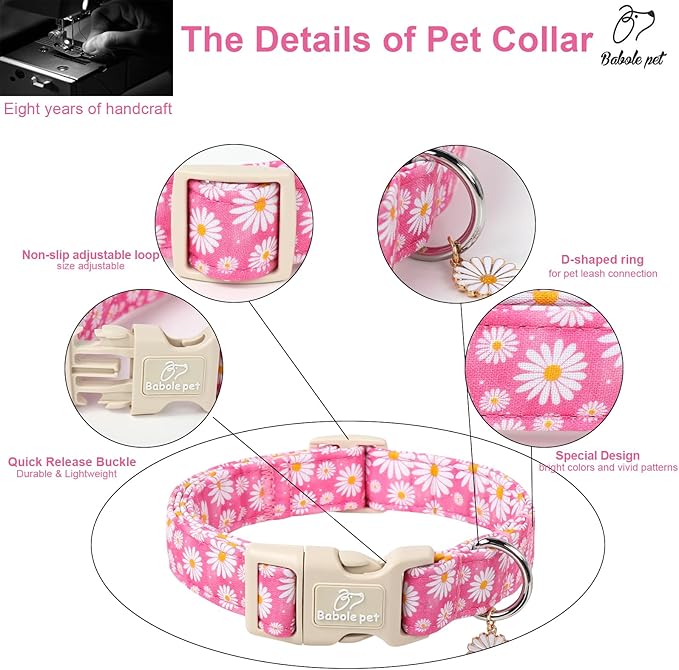Summer Daisy Dog Collar, Cute Floral Adjustable Pink Dog Collars for Puppy Small Dogs, Lightweight Quick-Release Buckle Collar for Boy&Girl Dogs XS