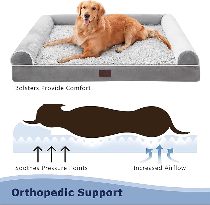 WESTERN HOME Large Dog Bed, Orthopedic Dog Beds with Waterproof Lining, XL Pet Couch with Removable Washable Cover and Nonskid Bottom, Grey