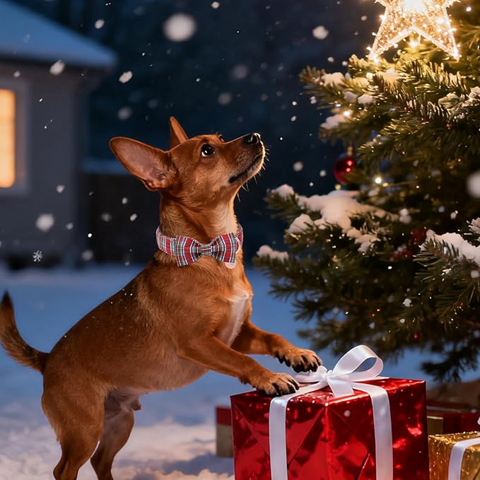 Christmas Plaid Dog Collar with Bow, Red and Blue Check Adjustable Pet Collar with Quick Release, Christmas Stripes Bowtie Collar for Small Medium Large Dogs L