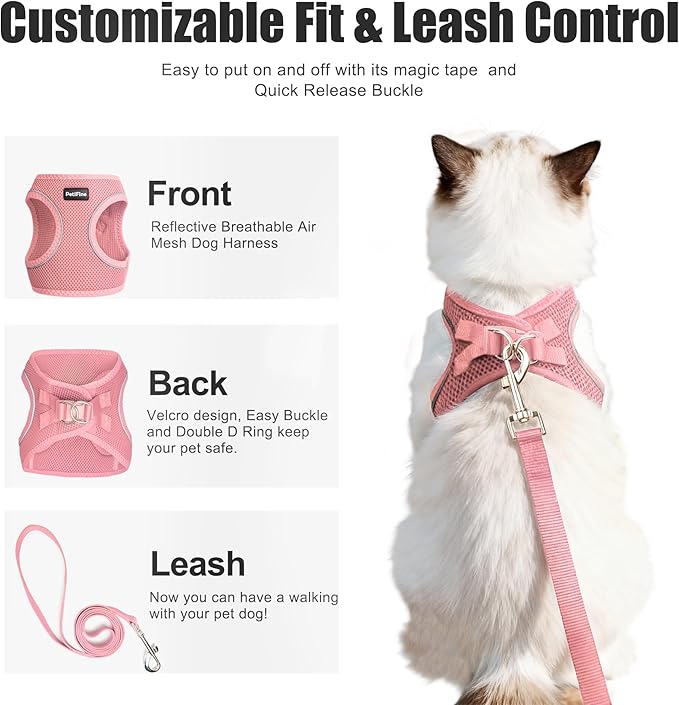 PetiFine Extra Small Step in Dog Harness and Leash Set, Cat Harness and Leash Escape Proof, All Weather Mesh Reflective, Step-in Air Vest Harnesses for Puppy(XXXS, Pink)
