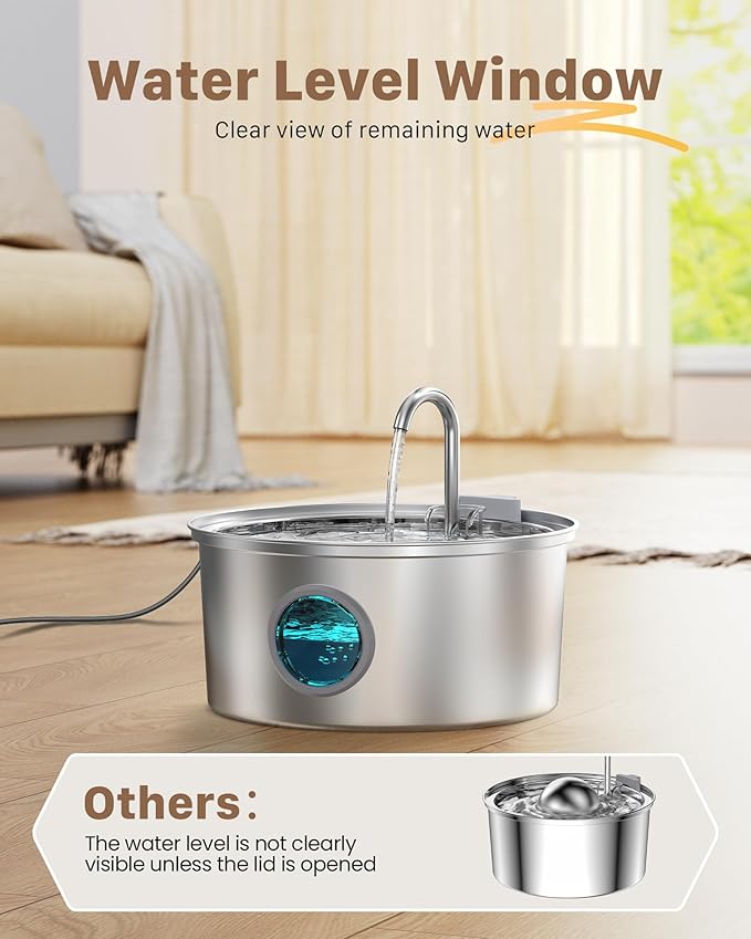 Stainless Steel Pet Water Fountain: 108oz/3.2L Cat Fountains with Led Light - Metal Bowl