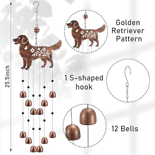 24 Inch Metal Wind Chimes Decor for Outside Garden Birthday Gift for Women Men Bronze Windchimes Pet Memorial Gift with 12 Bell for Patio Yard Lawn Housewarming Front Yard(Golden Retriever)