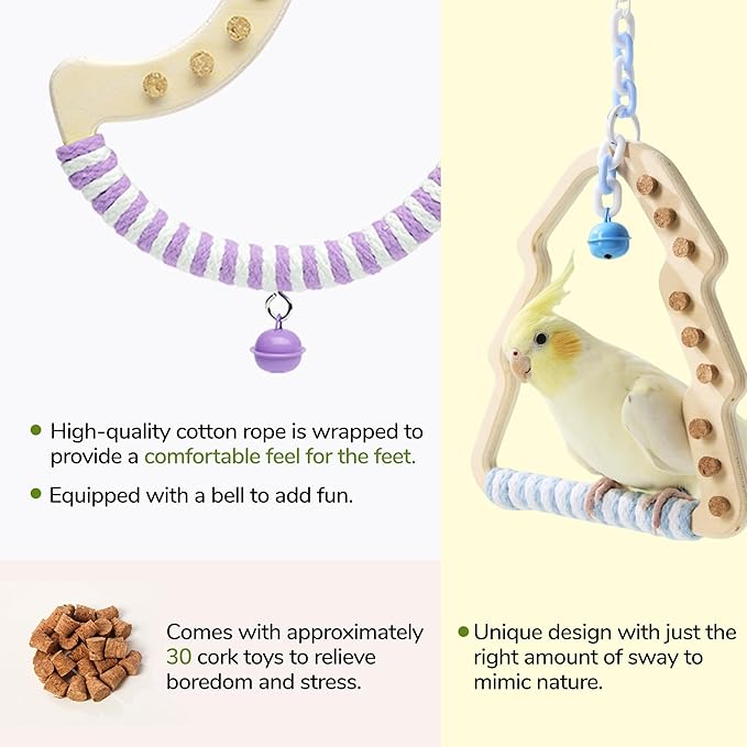 Natural Bird Swing - Tree-Shaped Parrot Perch with Bell and Cork Toys, Spinning Wooden Stand for Parakeets, Budgies, Lovebirds and Small/Medium Birds (White + Blue)