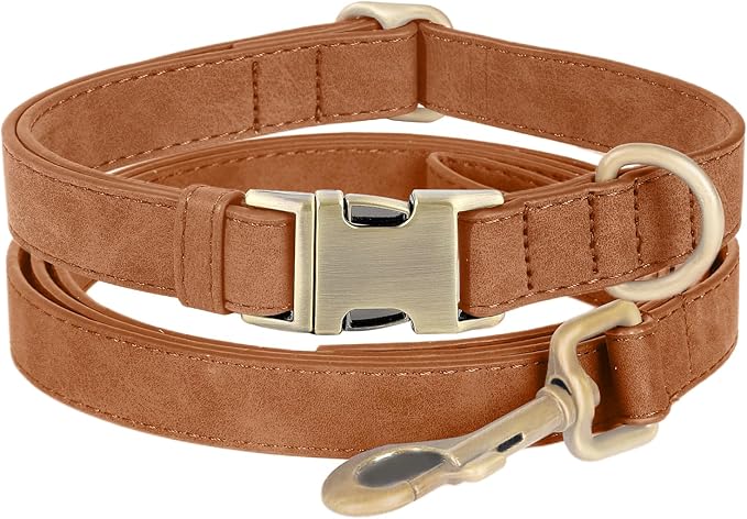 Genuine Leather Dog Collar - Adjustable Pet Collar with Quick Release Metal Buckle, Soft Skin Friendly Real Leather Collar for Small, Medium, Large Dogs (Khaki Collar + Rope, M：Fit 12-20" Neck)