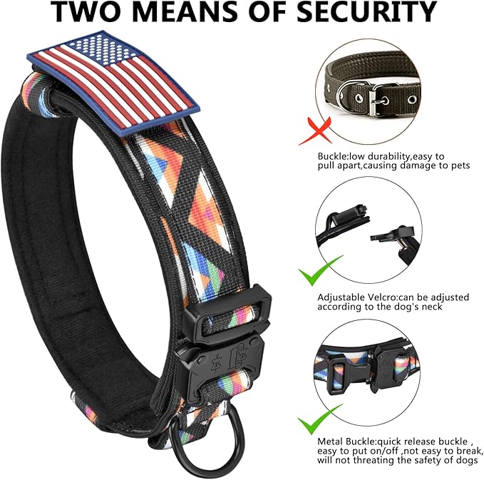 DAGANXI Tactical Dog Collar, Adjustable Military Training Nylon Dog Collar with Control Handle and Heavy Metal Buckle for Medium and Large Dogs, with Patches and Airtags Case (M, Colorful Triangle)