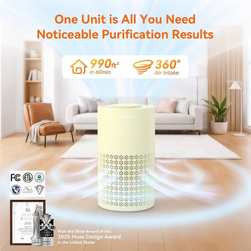 AIRROMI Air Purifier for Bedroom with HEPA Fet Filters, Pet Air Purifiers for Home Cat Pee Smell, Covers Up to 990Ft², Quiet 360° intake Air Cleaner for Allergies Dust Smoke Odor A2001 Yellow