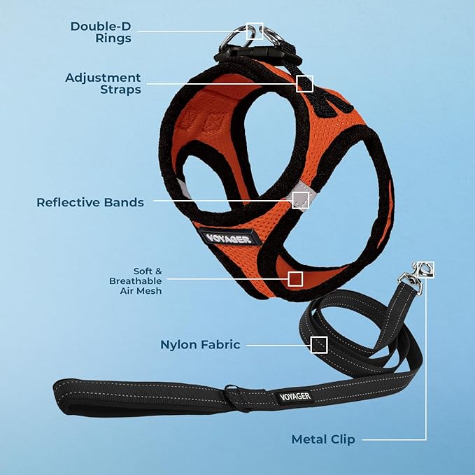 Best Pet Supplies Voyager Step-in Air All Weather Mesh Harness and Reflective Dog 5 ft Leash Combo with Neoprene Handle, for Small, Medium and Large Breed Puppies - Orange/Black Trim, XX-Small