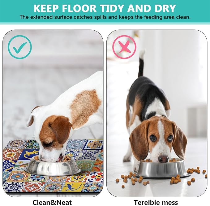 Moroccan Trellis Dog Food & Water Mat, Mexican Talavera Boho Colorful Pet Feeding Mat for Floor Non-Slip Waterproof, Super Absorbent Cat Bowl Mat, Easy to Clean Durable Pet Placemat,24" × 32"