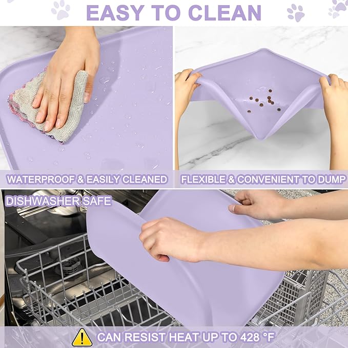 Silicone Pet Food Mat with Raised Edge for Food and Water Bowl, Dog Feeding Mats, Cat Food Trays for Floor Waterproof, Rubber Tray for Dogs and Cats, 19 x 12 x 0.7 Light Purple