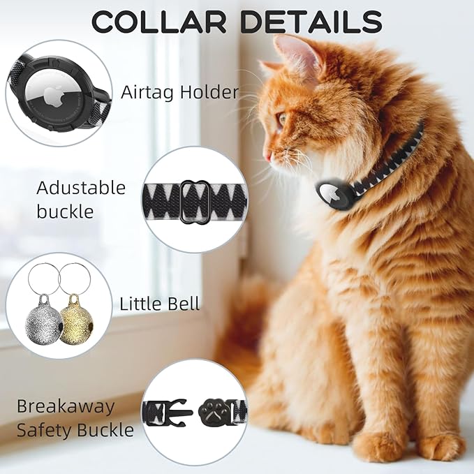 AirTag Cat Collars, Stretchy Collar with Apple AirTag Holder and Bell, Breakaway Ultra Design Elastic GPS Tracking Collars for Cats and Puppies, (7.5-12.5 Inch), Shark Pattern