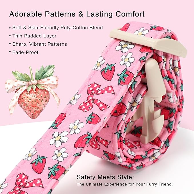 Strawberry Bow Dog Collar for Puppy Small Dogs - Cute Pink Spring/Summer Girl Dog Collars, Lightweight Adjustable Female Girly Dogs Collars with Quick Release Buckle XS