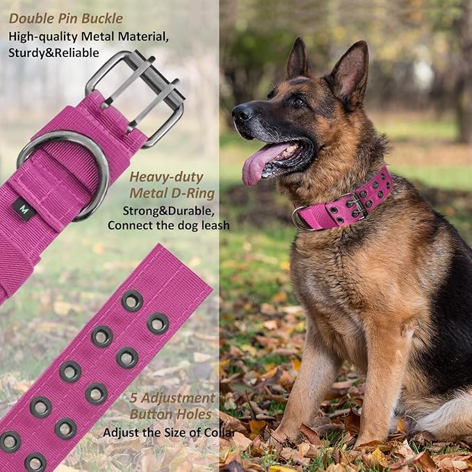 Tactical Dog Collar with Handle, Military Adjustable Heavy Duty Metal Buckle Dog Collars Soft Nylon Training Collar for Medium Large Dogs (Pink, X-Large)