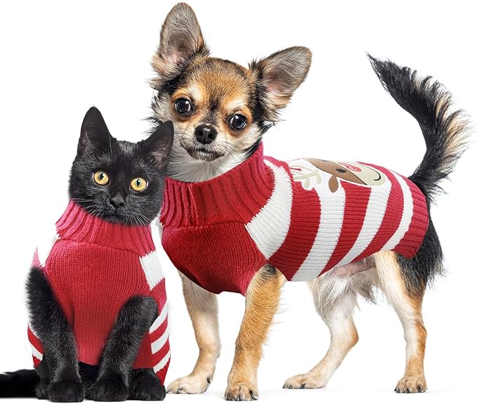 Dog Christmas Sweater Cute Striped Reindeer Xmas Pet Clothes Holiday Puppy Cat Costume New Year Gifts for Small Medium Large Dogs Jumpers (XXL, Red White Stripe Reindeer)