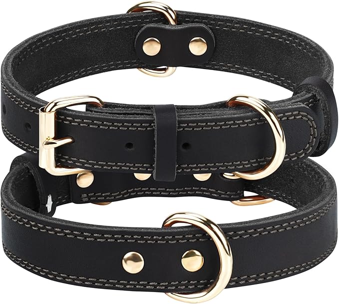 Joytale Genuine Leather Dog Collar for Large Dogs, Heavy Duty Thick Solid Leather for Power Breeds, Sturdy Adjustable Pet Collar with Metal Pin Buckle, Durable for Daily Walking, Black, XL