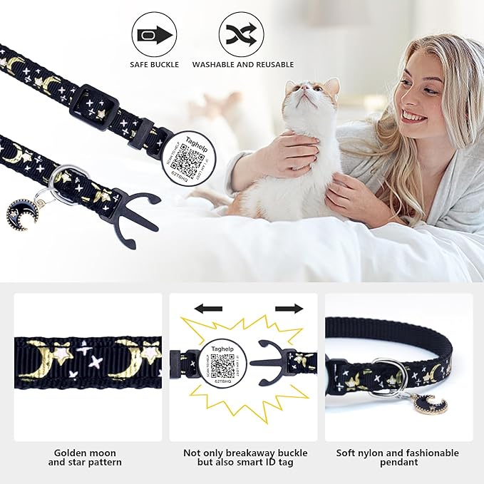 Breakaway Cat Collars with Bell Moons Stars Cute Kitty Adjustable Safe Kitten Collars with Pendant Glow in The Dark,Airtag Cat Collar, Air tag Safety Buckle (Purple)