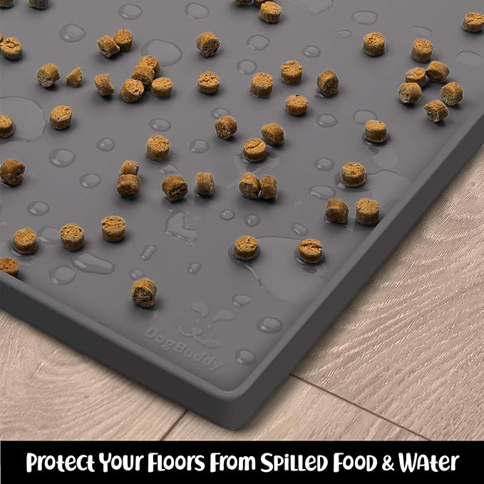 DogBuddy Dog Food Mat – Waterproof Dog Bowl Mat for Food and Water, Silicone Pet Feeding Mats for Floors, Non-Slip Placemat with High Edges for Dogs Bowls, Puppy Essentials (M: 21” x 14”, Shadow)