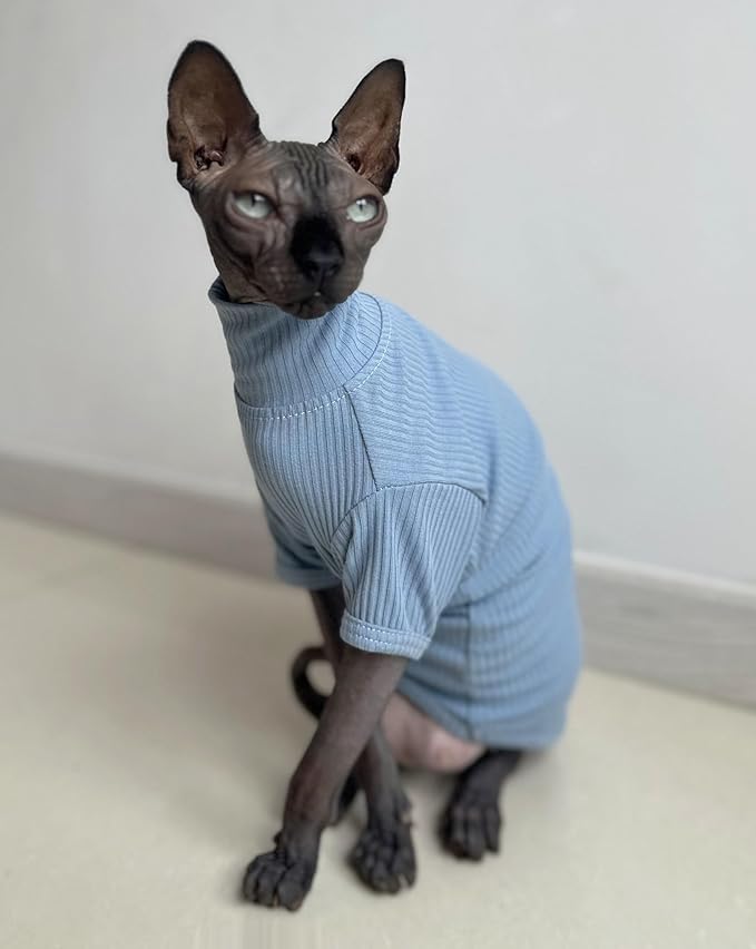 Sphynx Hairless Cats Shirt Cotton Cat Turtleneck Sweater Pullover Kitten T-Shirts with Sleeves Cat Pajamas Jumpsuit for Sphynx Cornish Rex, Devon Rex, Peterbald (Small (Pack of 1), Sky Blue)