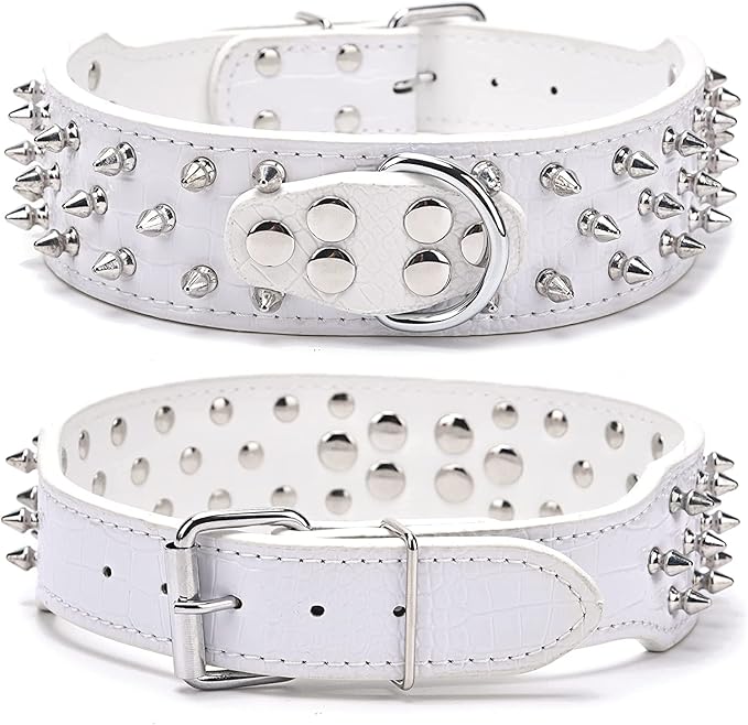 Serijoars Spiked Studded Dog Collar, PU Leather Dog Collar, Adjustable Pet Collars for Medium or Large Breed Pet (S, White1)