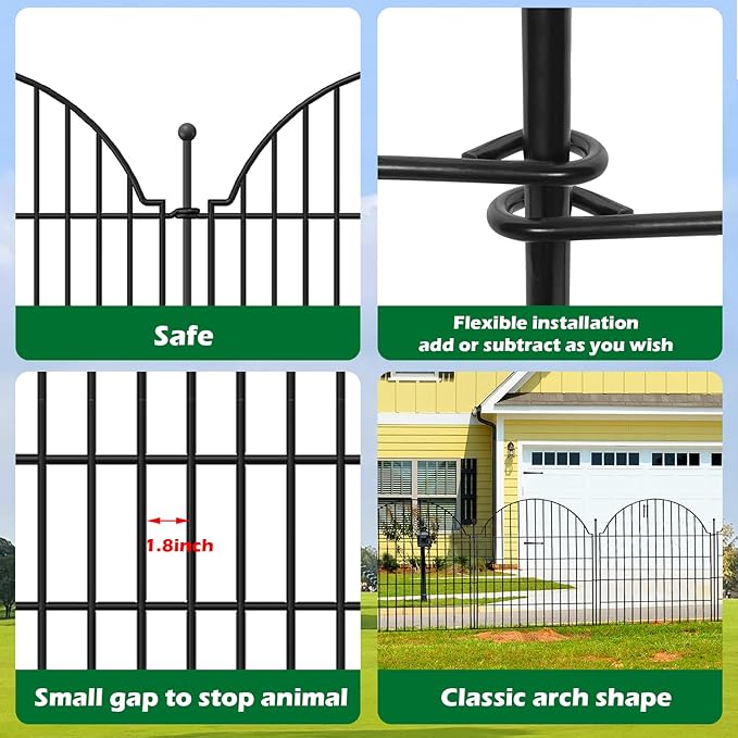 Decorative Metal Garden Fence with Gate Lock 10 Panels, 32in (H) x 23.6ft (L) No Dig Dog Fence Outdoor for Yard, Temporary Rustproof Metal Wire Rabbit Dog Garden Border Fencing for Patio