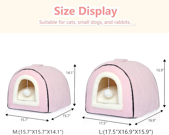 Cat Bed for Indoor Cats，Foldable cat cave，Anti-Slip & Water-Resistant Bottom，cat Houses for Indoor Cats or Small Dogs, Kitten Tent, Rabbit Bed (Pink, L:(17.5"×16.9"×15.9"))