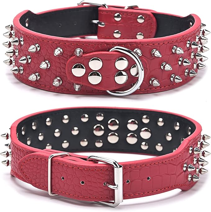 Serijoars Spiked Studded Dog Collar, PU Leather Dog Collar, Adjustable Pet Collars for Medium or Large Breed Pet (L, Gold Brown1)
