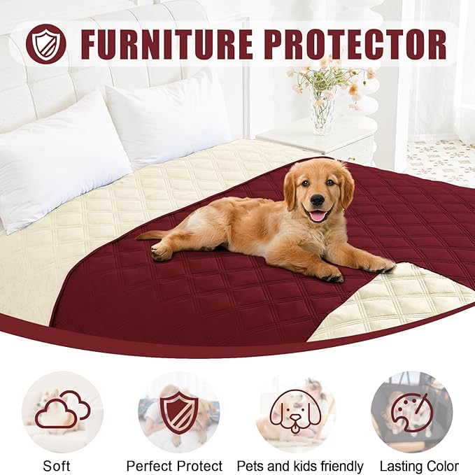 Smiry Waterproof Dog Bed Cover Blanket 68x82, Soft Reversible Pet Blanket, Washable Leakproof Cats Dogs Couch Cover for Sofa, Couch, Furniture, Wine Red/Beige