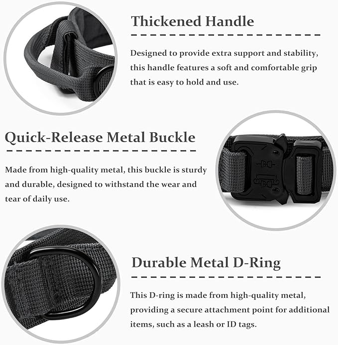 Tactical Dog Collar, Adjustable Military Training Nylon Dog Collar with Control Handle and Heavy Quick-Release Metal Buckle for Small Medium Large Dogs, Grey S