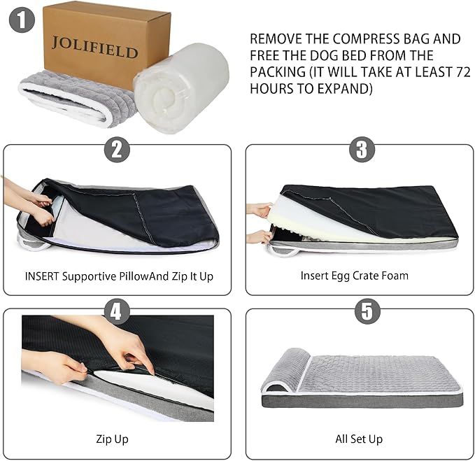Orthopedic XL Dog Bed Large Sized Dog with Pillow 42''X28'', Waterproof Soft Comfortable Egg Crate Foam Pet Crate Beds Mat with Removable Washable Cover and Non-Slip Bottom, Grey