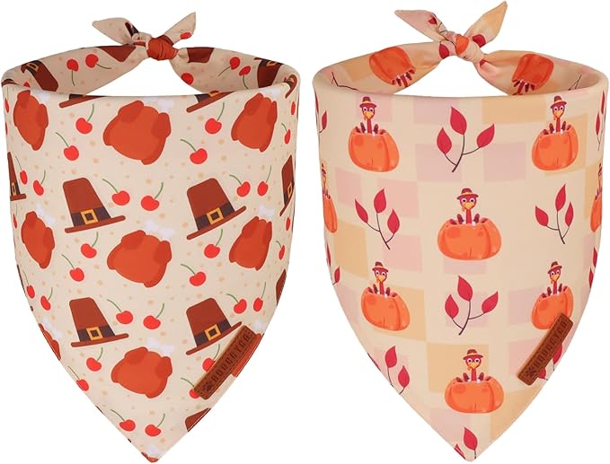 ADOGGYGO Thanksgiving Dog Bandanas 2 Pack, Reversible Turkey Pumpkin Pet Scarf Bib, Adjustable Fit Orange Thanksgiving Bandana for Extra Large Dogs (X-Large)